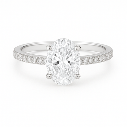 Solitaire Four Prong Oval Diamond Ring with Pavé Band