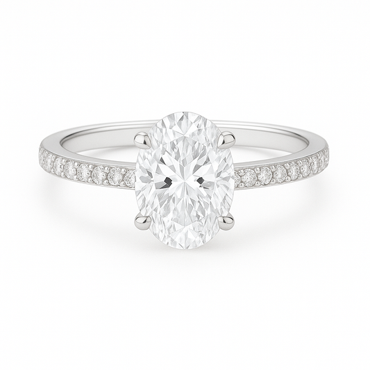 Solitaire Four Prong Oval Diamond Ring with Pavé Band