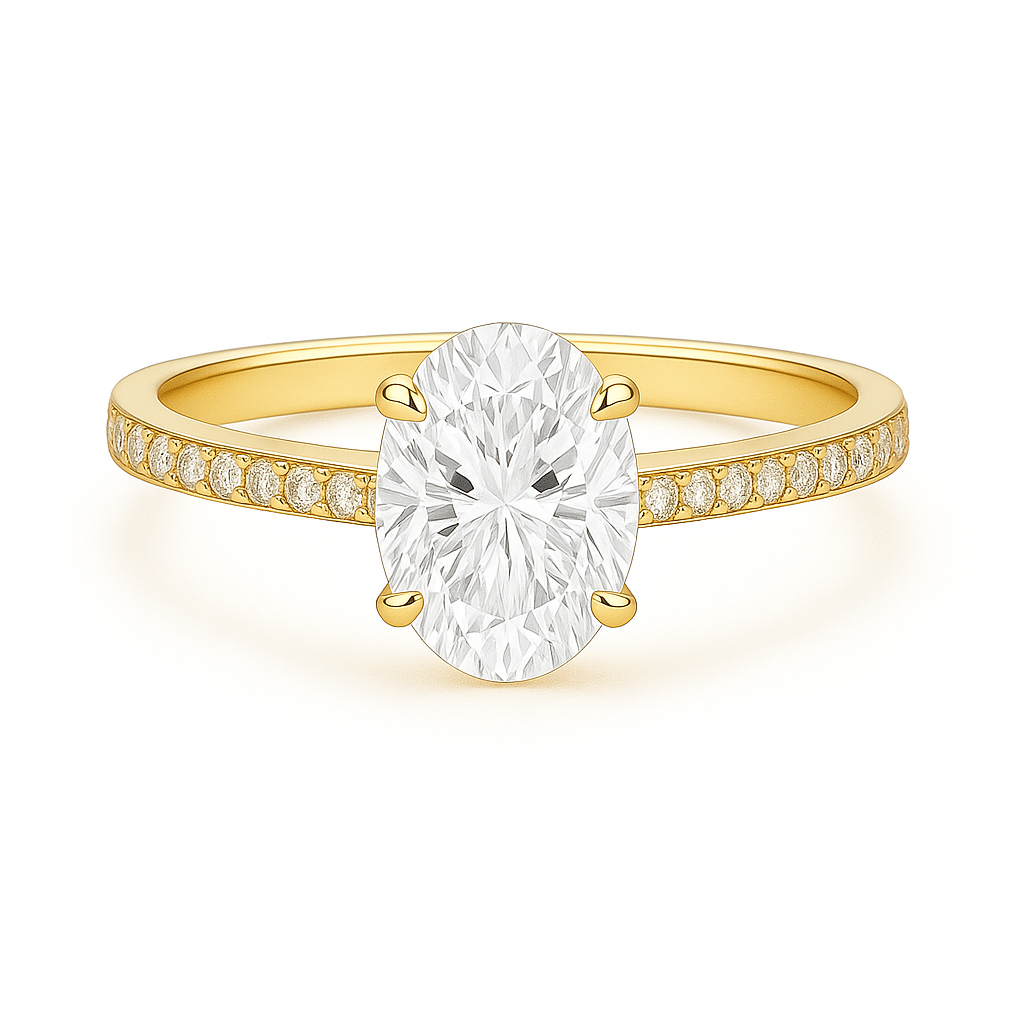 Solitaire Four Prong Oval Diamond Ring with Pavé Band