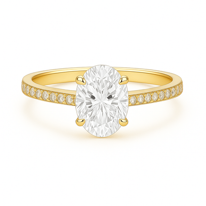 Solitaire Four Prong Oval Diamond Ring with Pavé Band
