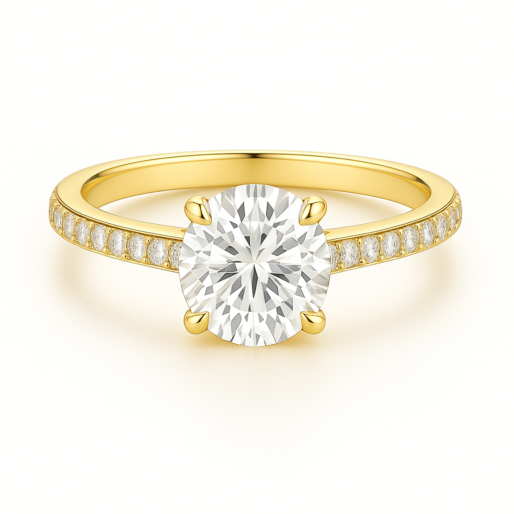 Solitaire Four Prong Round Diamond Ring with Pavé Band