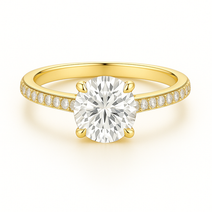Solitaire Four Prong Round Diamond Ring with Pavé Band