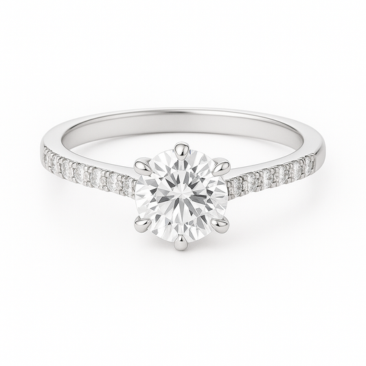 Solitaire Six Prong Round Diamond Ring with Pavé Band