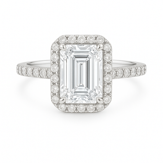 Halo Emerald Diamond Ring with Pavé Band