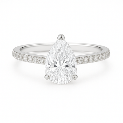 Solitaire Three Prong Pear Diamond Ring with Pavé Band