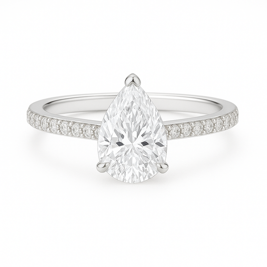 Solitaire Three Prong Pear Diamond Ring with Pavé Band