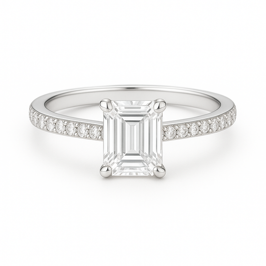 Solitaire Four Prong Emerald Diamond Ring with Pavé Band