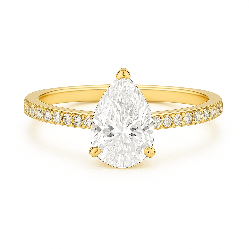 Solitaire Three Prong Pear Diamond Ring with Pavé Band