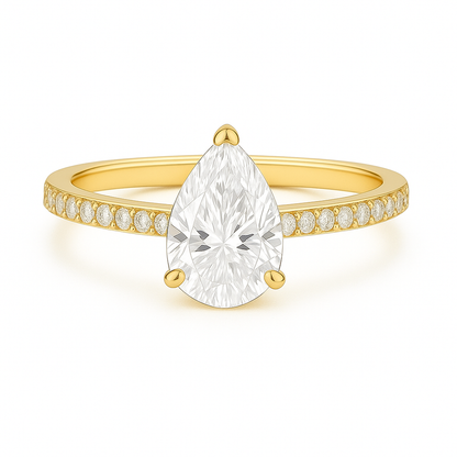 Solitaire Three Prong Pear Diamond Ring with Pavé Band