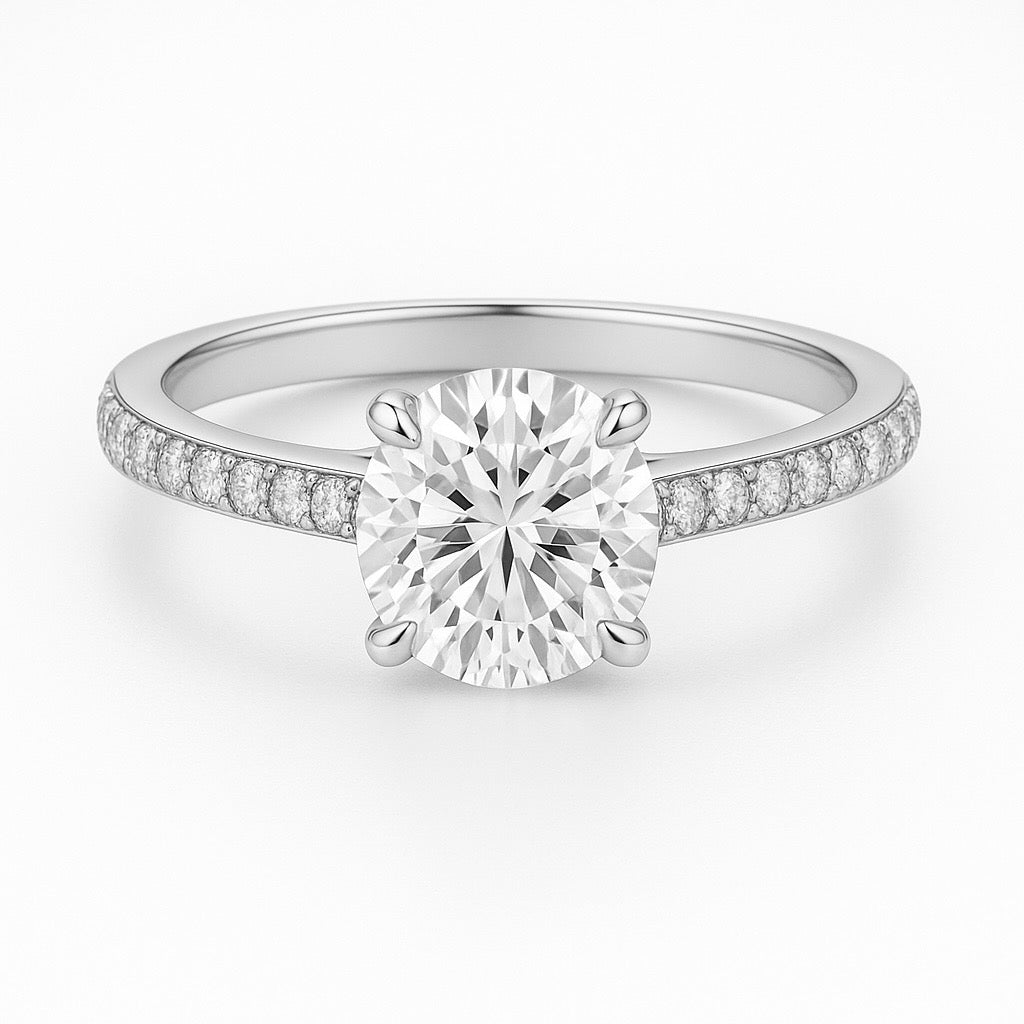 Solitaire Four Prong Round Diamond Ring with Pavé Band