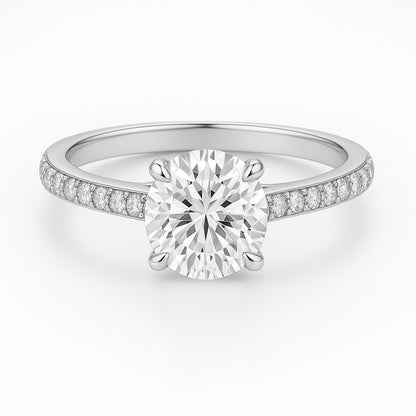 Solitaire Four Prong Round Diamond Ring with Pavé Band