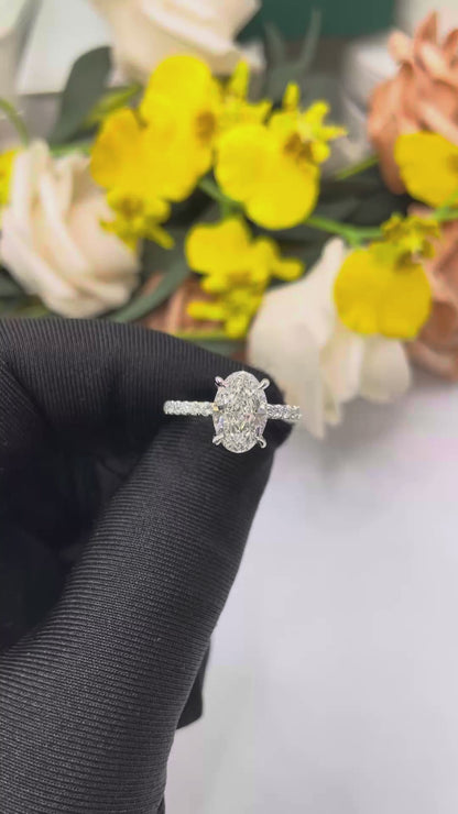 Solitaire Four Prong Oval Diamond Ring with Pavé Band