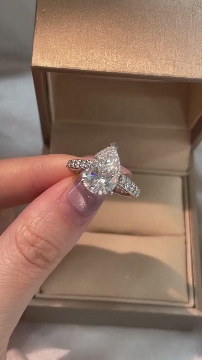 Solitaire Three Prong Pear Diamond Ring with Pavé Band